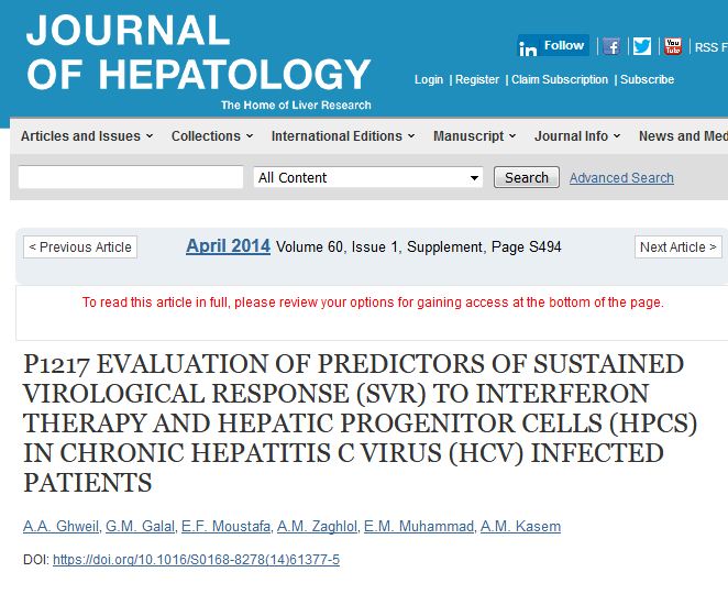 EVALUATION OF PREDICTORS OF SUSTAINED VIROLOGICAL RESPONSE (SVR) TO INTERFERON THERAPY AND HEPATIC PROGENITOR CELLS (HPCS) IN CHRONIC HEPATITIS C VIRUS (HCV) INFECTED PATIENTS