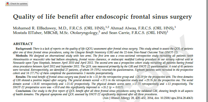 Quality of life benefit after endoscopic frontal sinus surgery