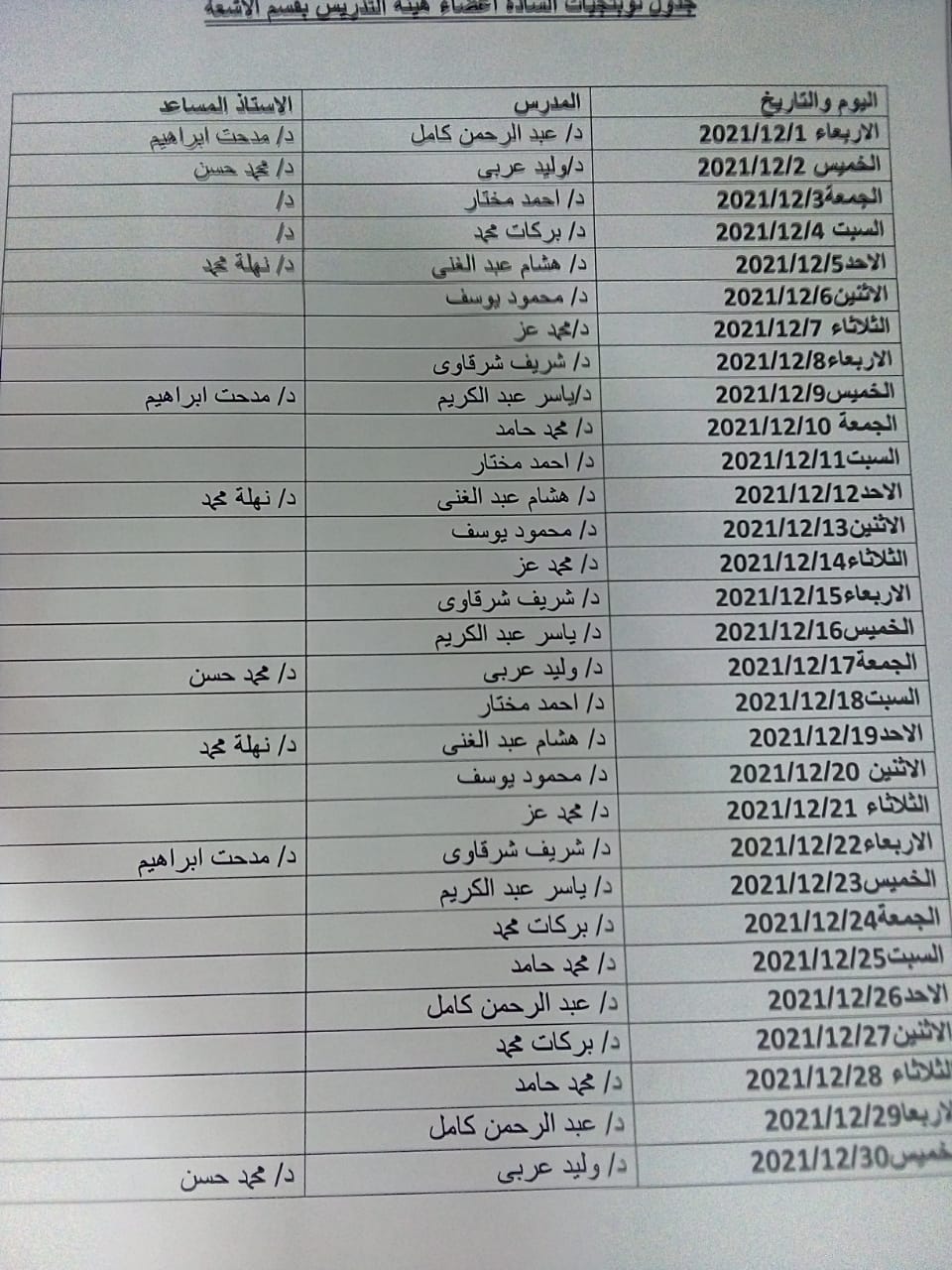جدول نوبتجيات ديسمبر ٢٠٢١