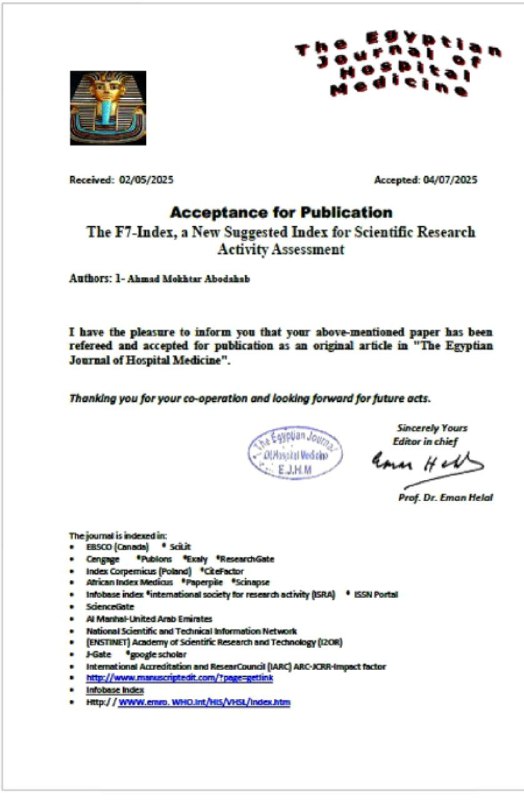 F7-Idex - A new Egyptian Index For Assessment of Scientific Publishing  Activity