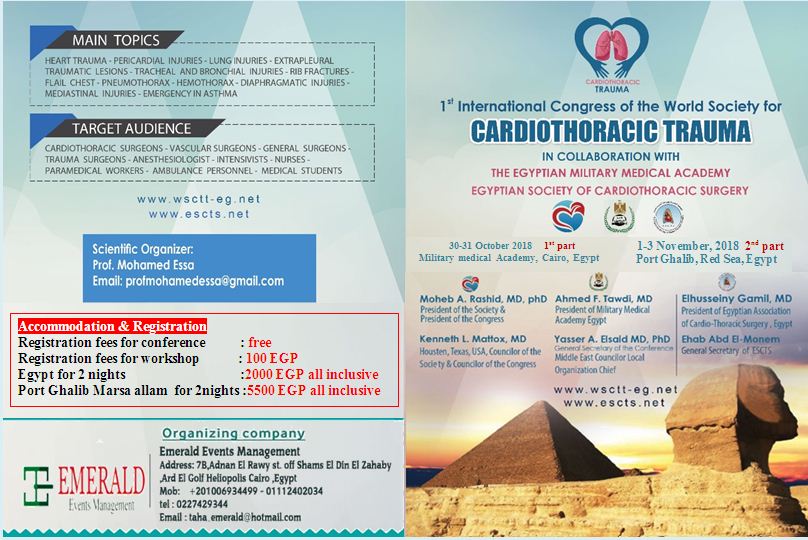 International Congress of the World Society for Cardiothoracic Trauma that will be held in Port Ghalib, Red Sea Resort, Egypt, between 1-3 Novemebr, 2018,