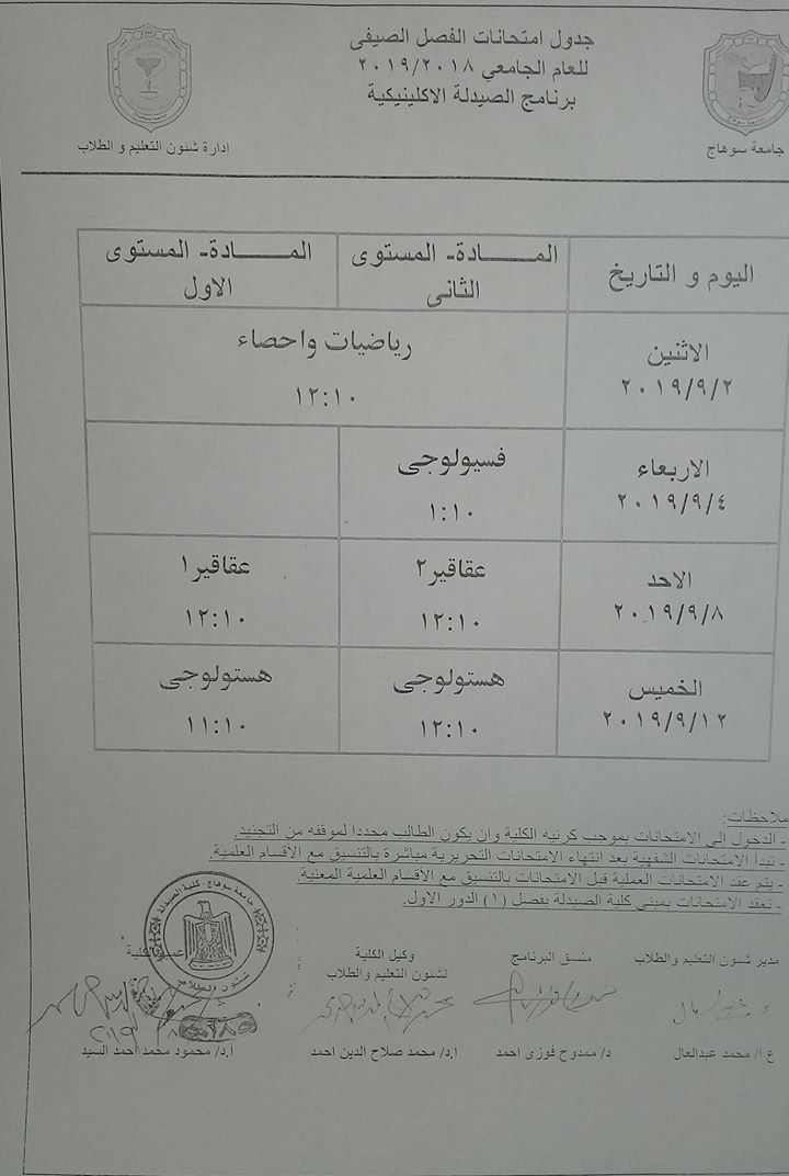 جدول امتحانات الفصل الصيفي لطلاب برنامج الصيدلة الاكلنيكية