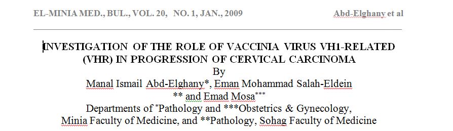 Investigation of the Role of Vaccinia Virus VH1-Related (VHR) in Progression of Cervical Carcinoma