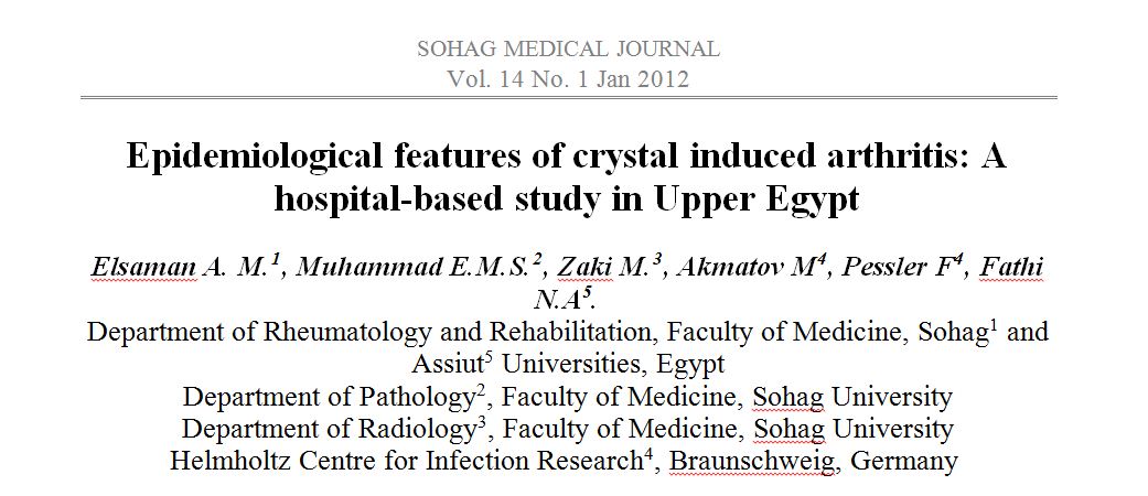 Epidemiological features of crystal induced arthritis: A hospital-based study in Upper Egypt