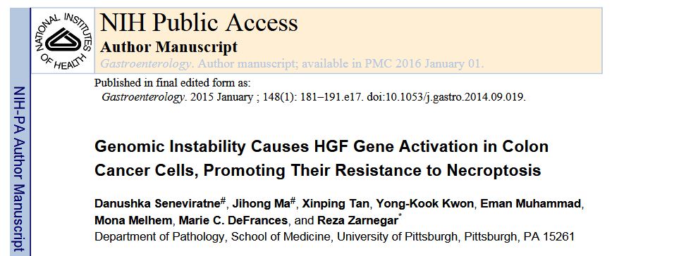 Genomic Instability Causes HGF Gene Activation in Colon Cancer Cells, Promoting Their Resistance to Necroptosis