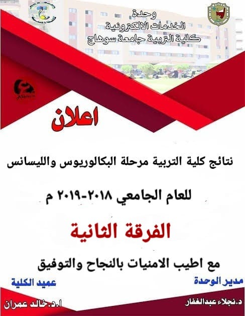 إعلان نتيجة الفرقة الثانية تعليم ابتدائي الشعبة ( الأدبية + العلمية)  كلية التربية جامعة سوهاج للعام الجامعي 2018 - 2019م