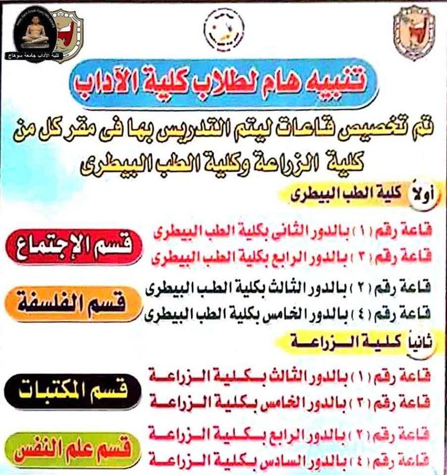 أماكن محاضرات أقسام " الإجتماع ، الفلسفة ، المكتبات ، علم النفس " بكُليتي الطب البيطري والزراعة