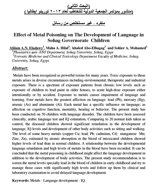 Effect of Metal Poisoning on The Development of Language in Sohag Governorate  Children