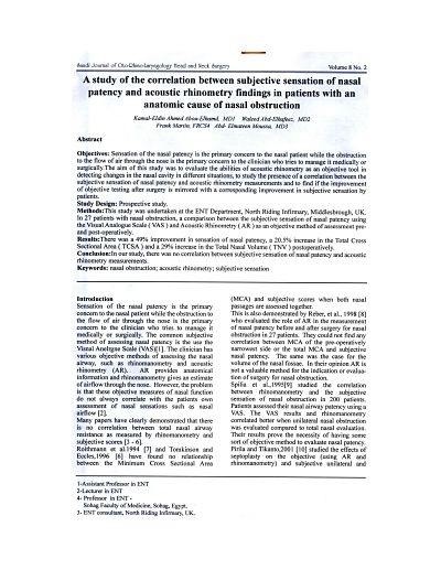 A Study of the Correlation between subjective sensation of nasal patency and acoustic rhinometry findings in patients with an anatomic cause of nasal obstruction