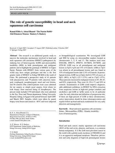 The role of genetic susceptibility in head and neck squamous cell carcinoma.