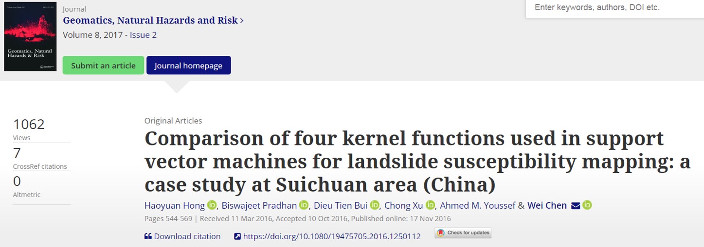 Comparison of Four Kernel Functions Used in Support Vector Machines for Landslide Susceptibility Mapping: A Case Study at Suichuan area (China).