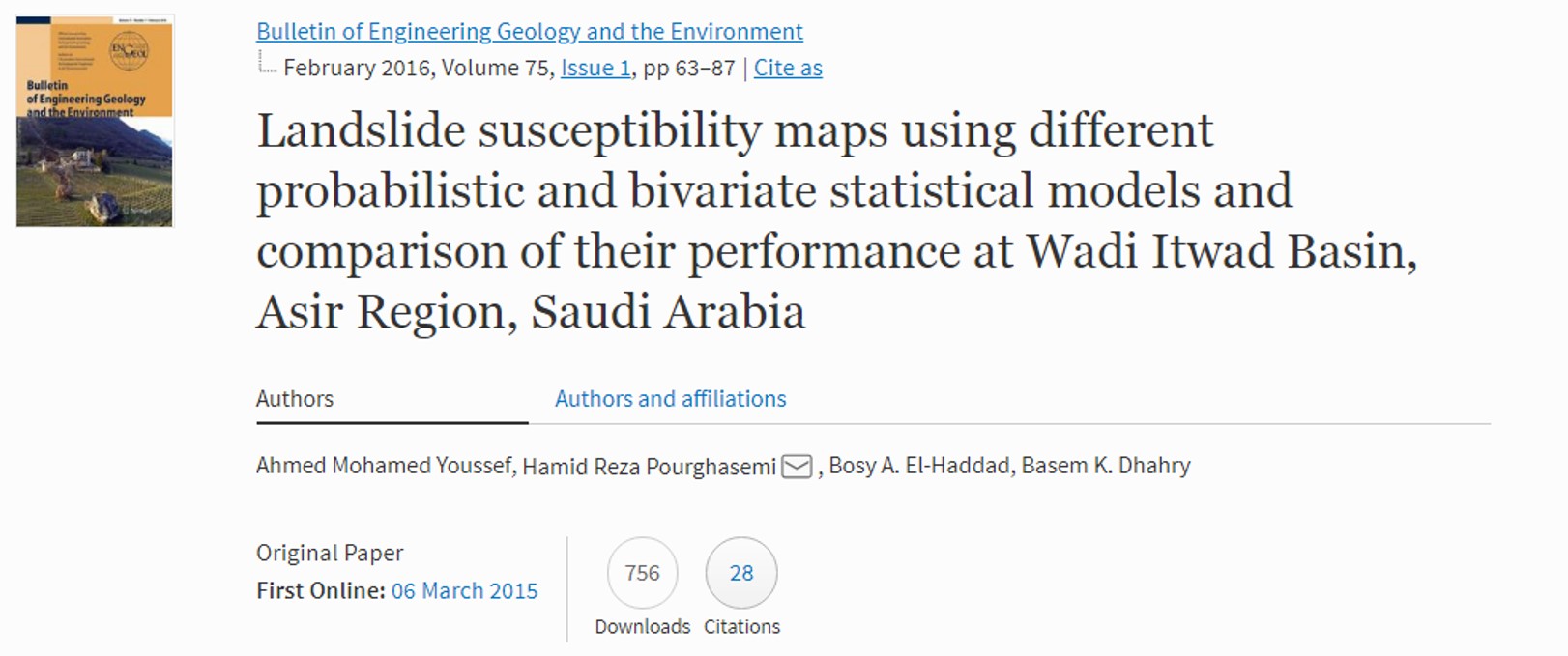 Landslide susceptibility maps using different probabilistic and bivariate statistical models and comparison of their performance at Wadi Itwad Basin, Asir region, Saudi Arabia