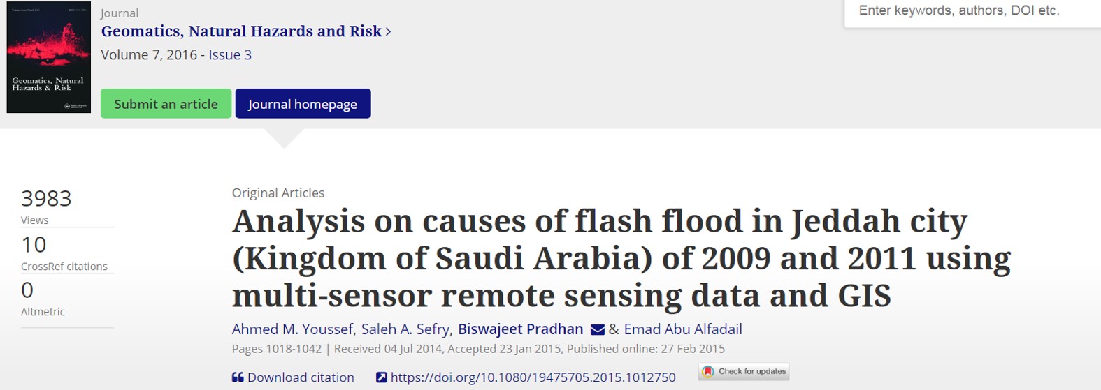 Analysis on causes of flash flood in Jeddah city (Kingdom of Saudi Arabia) of 2009 and 2011 using multi-sensor remote sensing data and GIS